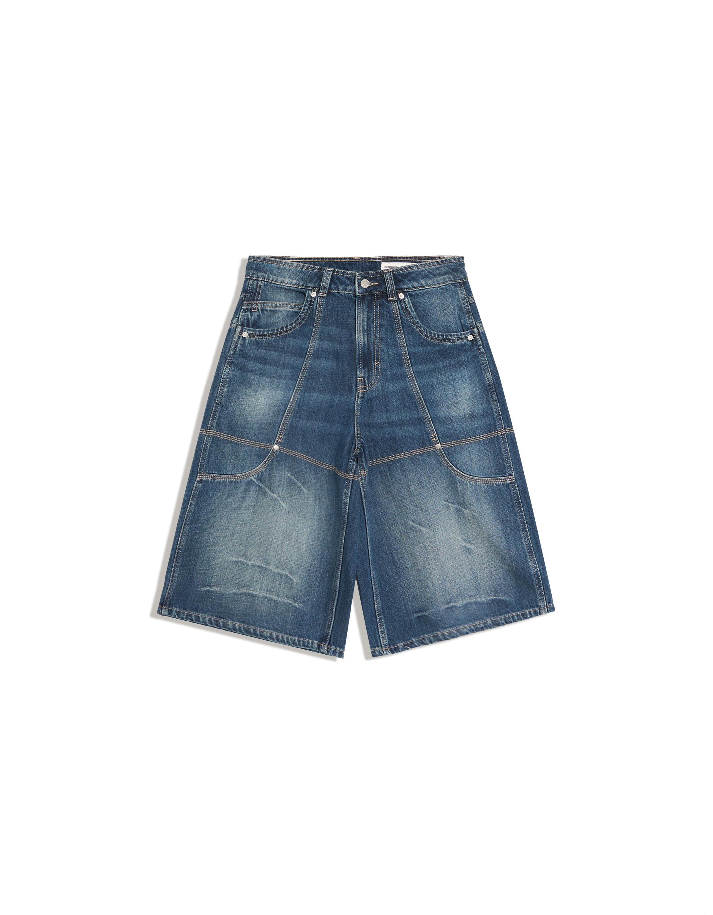 Long denim Bermuda shorts with pocket detail — Dark blue