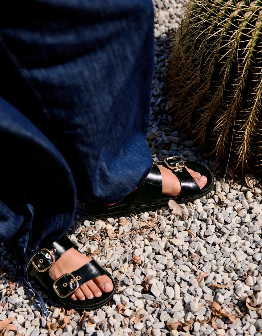 Buckled flat slider sandals-BLACK