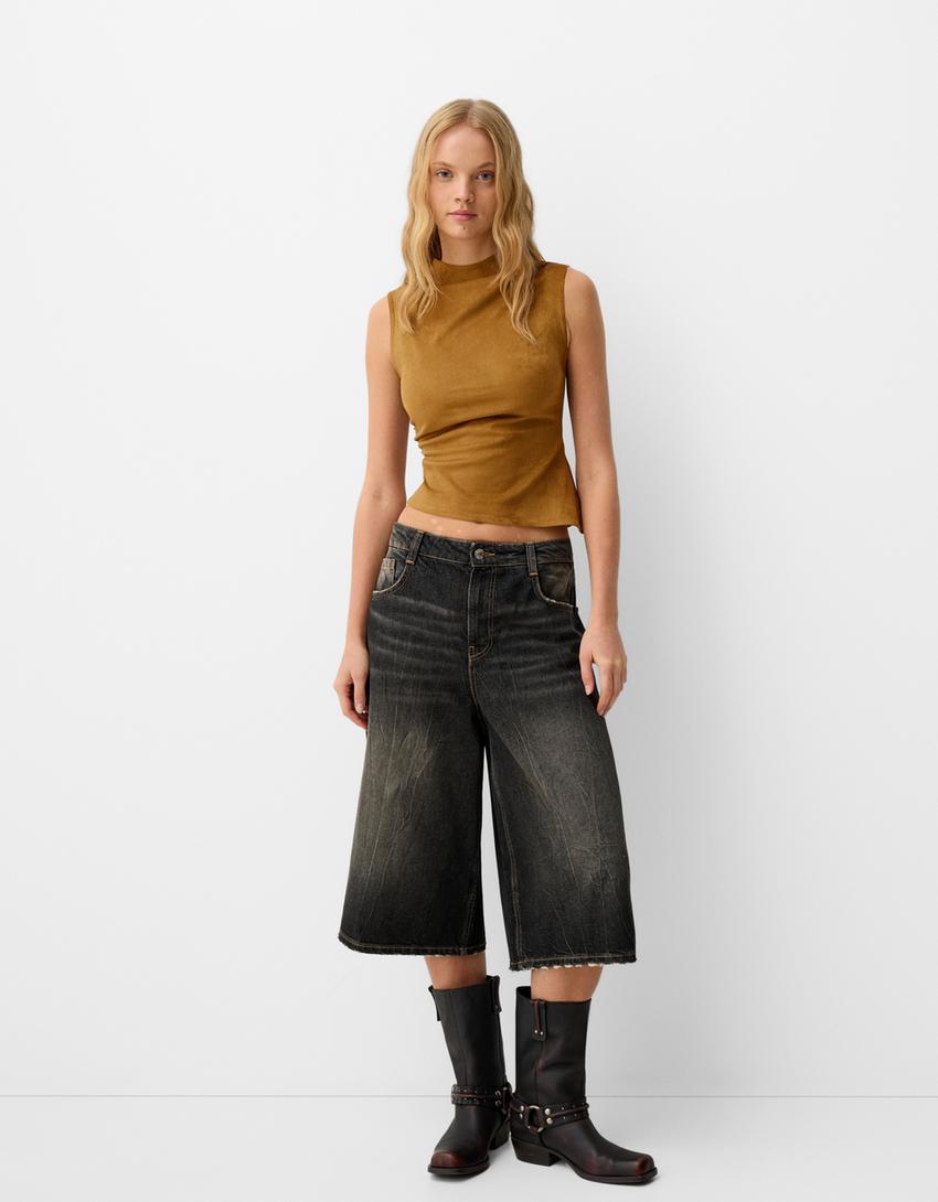 Asymmetric draped leather effect top-Brown-3