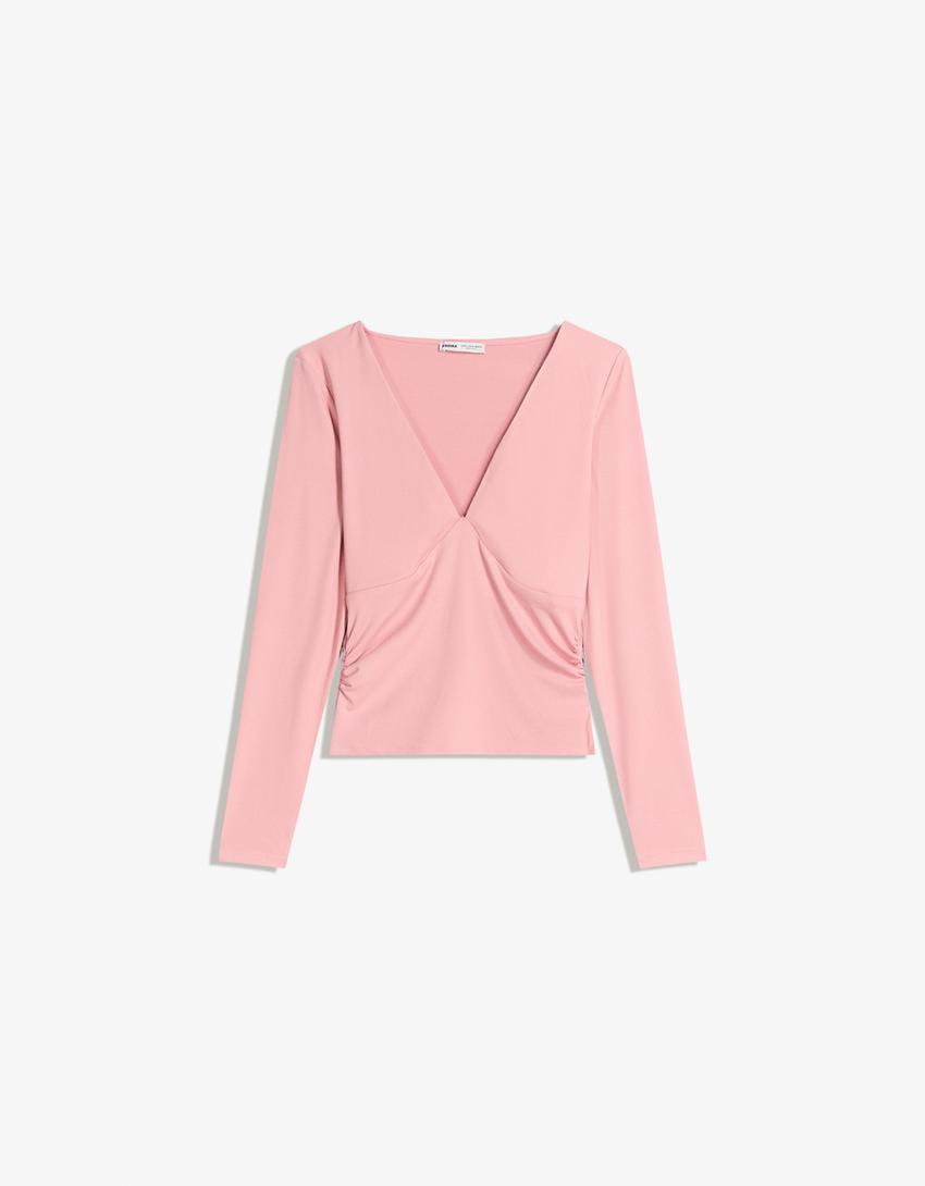 T-shirt met plooi en lange mouw-Roos