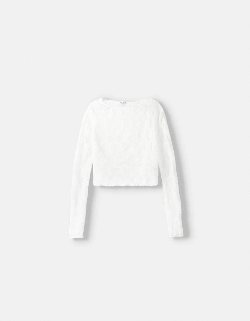 Long sleeve textured Bardot T-shirt-Off white-5