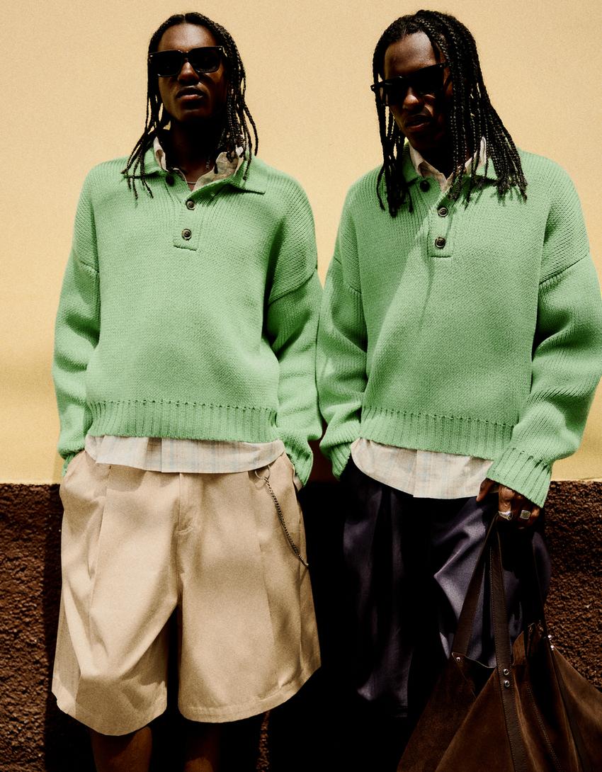 Boxy polo collar sweater-Green