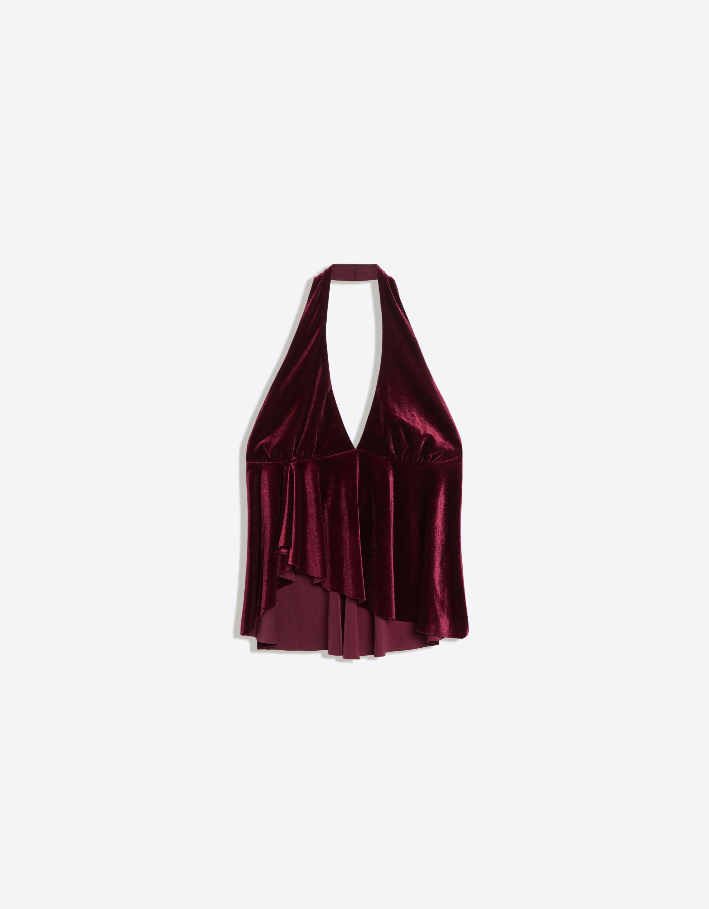 Bershka Aksamitny Top Halter Kobieta Bordowy