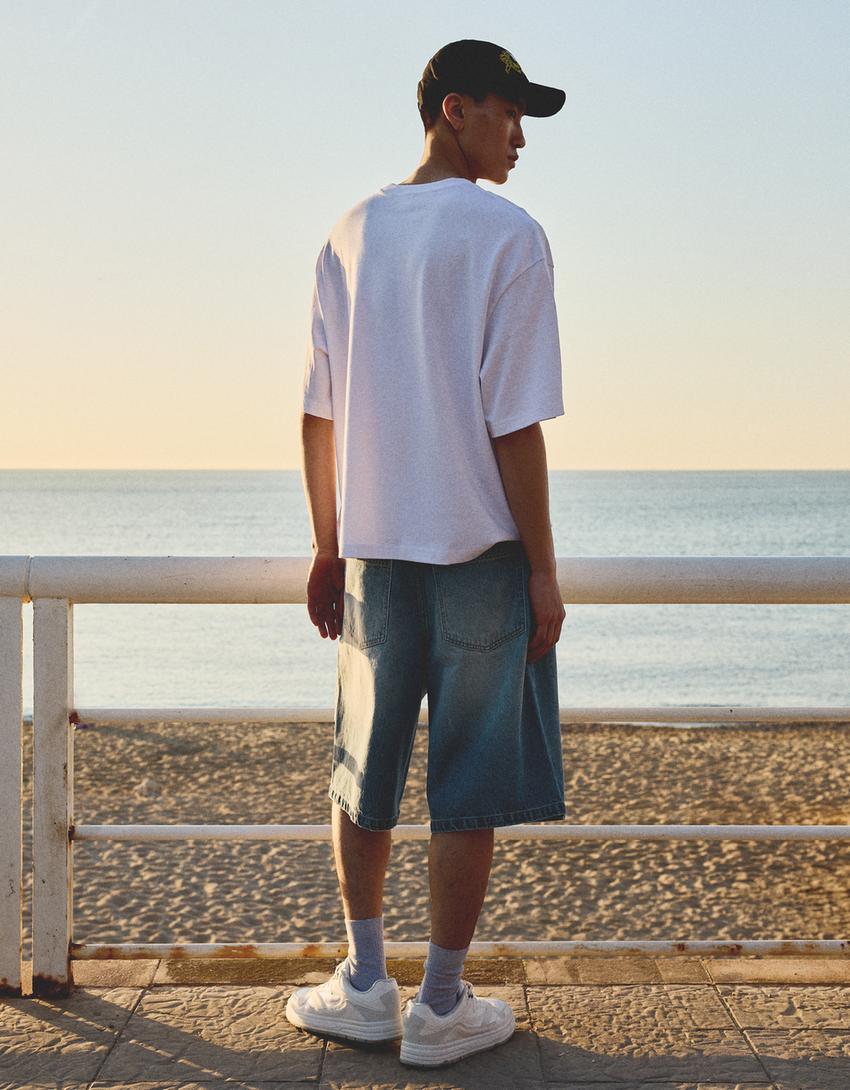 Embroidered denim Bermuda shorts-Light blue