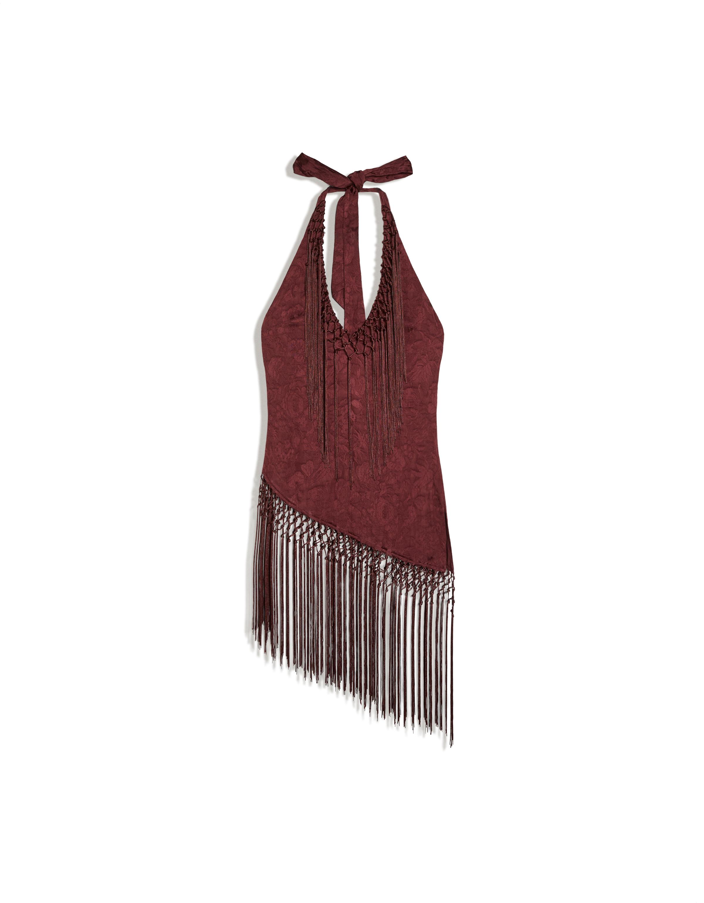 MARINA SENA fringed jacquard halter top — Maroon