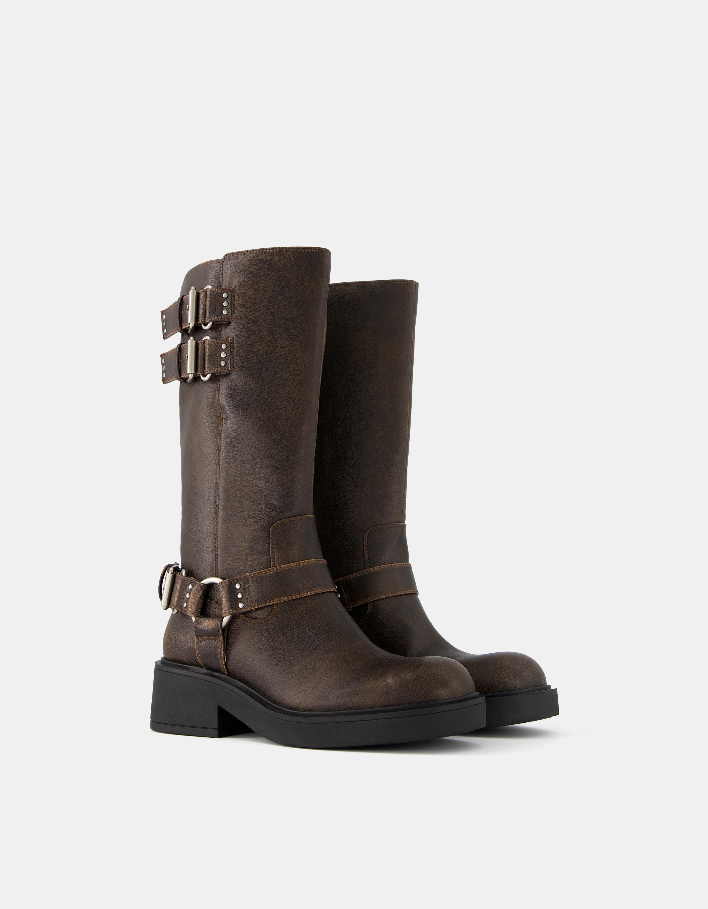 Biker boots with multiple buckles Women Bershka