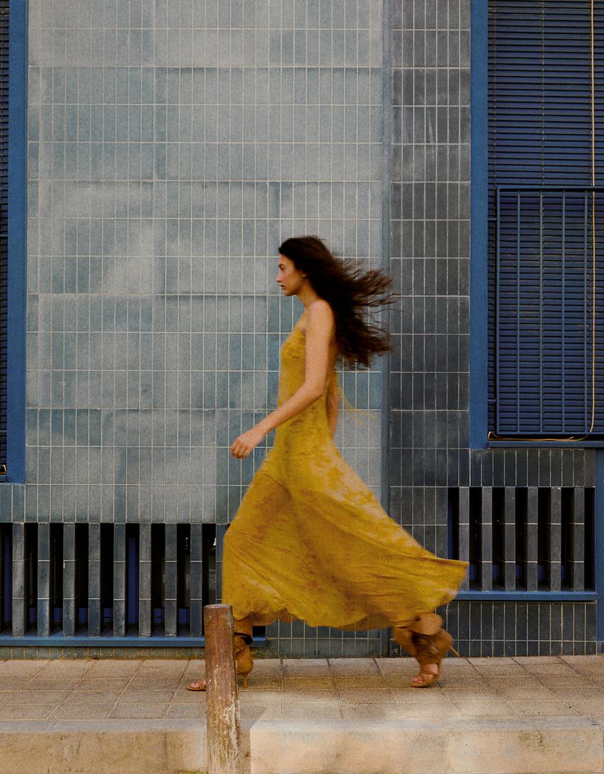 Flocked tulle strappy midi dress-Mustard