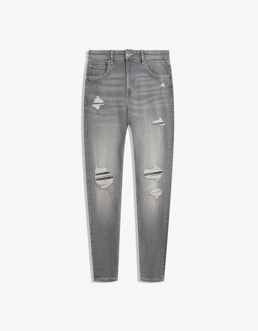 Jeans carrot rotos-Gris oscuro-0