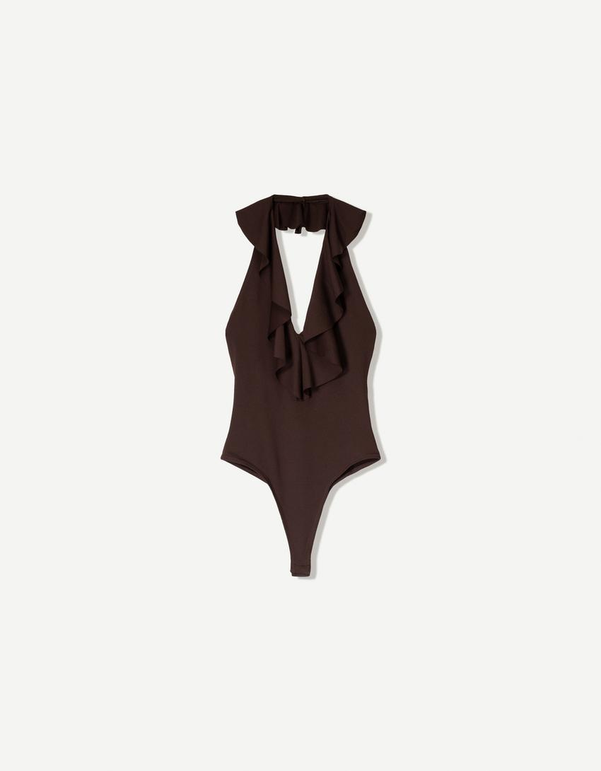 Strappy draped bodysuit-Brown-4