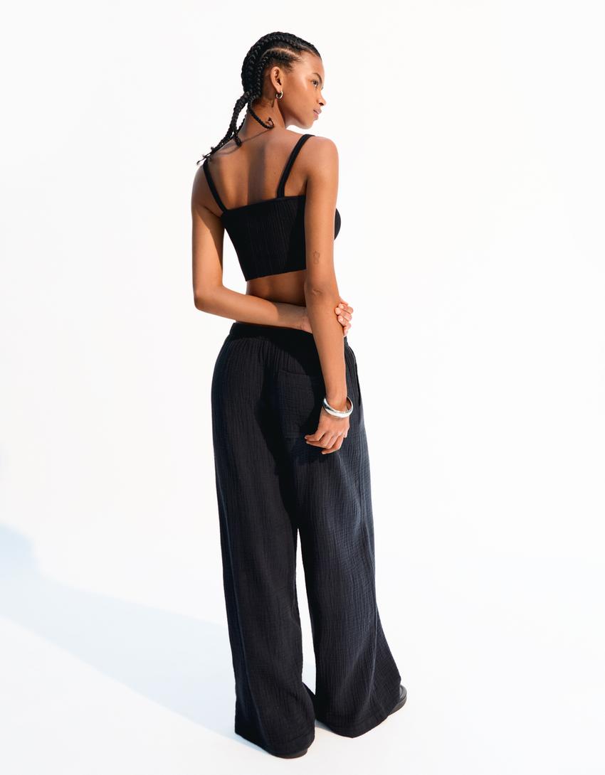 Calças wide leg rústicas double cloth-Preto-1
