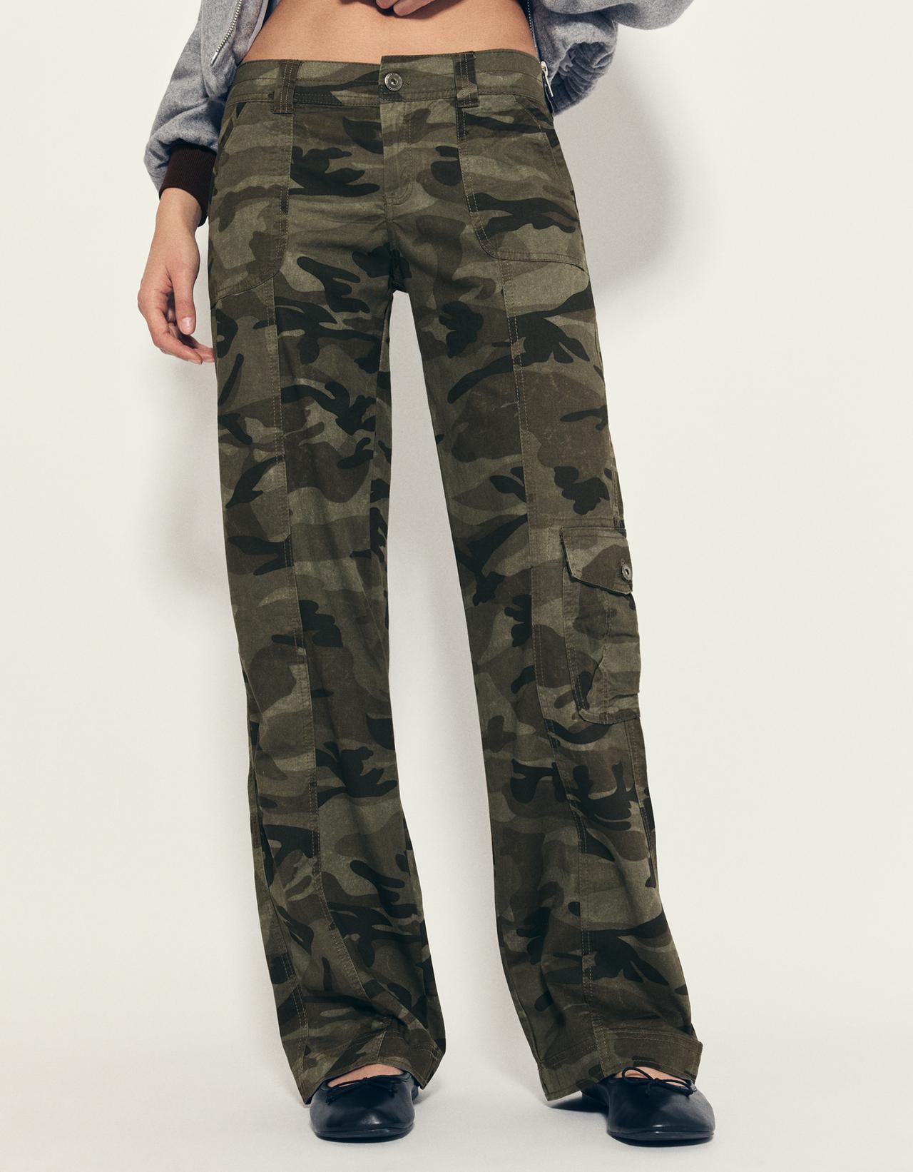 Printed straight-leg cargo trousers — Khaki