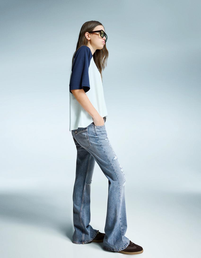 Jeans baggy flare cremalleras-Azul lavado