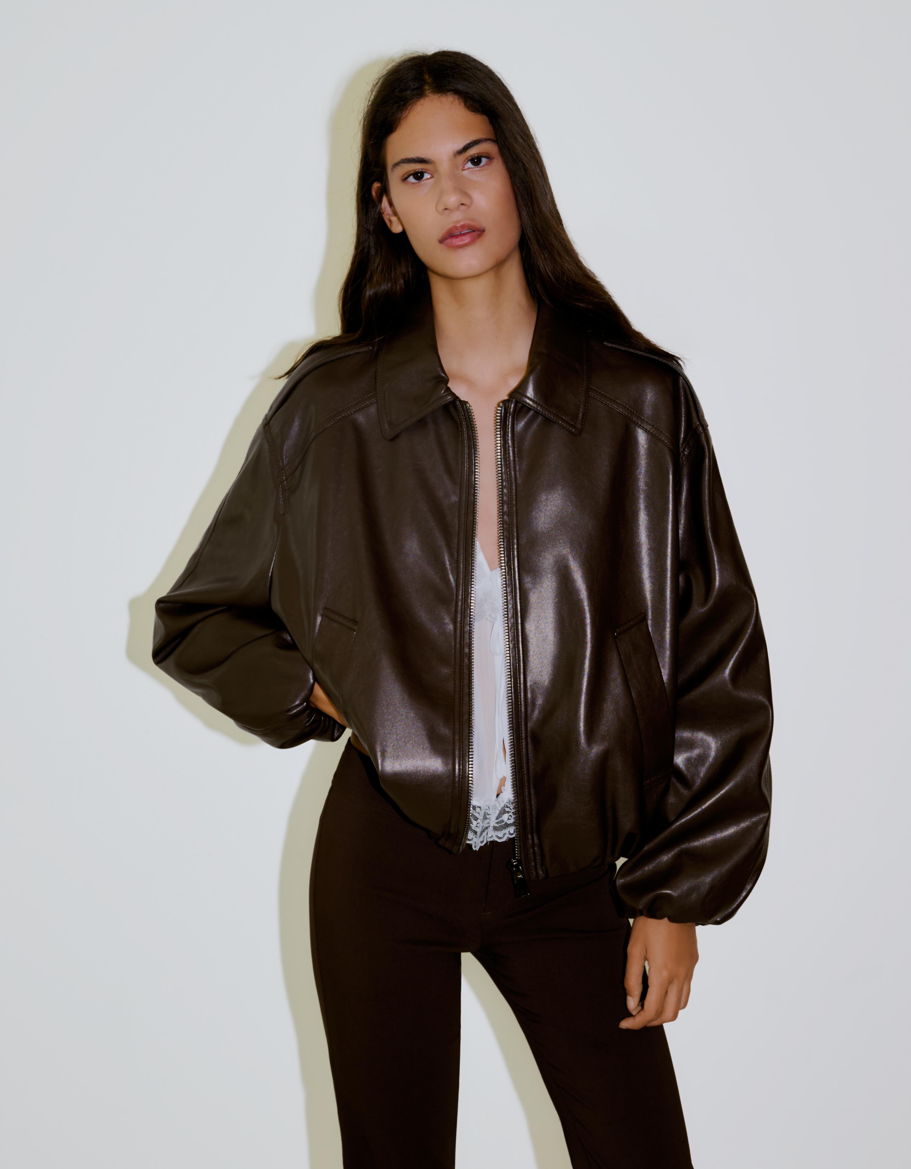 Bershka Cazadora Efecto Piel Globo Mujer L Marrón