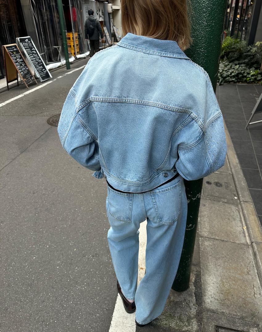 Cropped denim rhinestone jacket-Light blue
