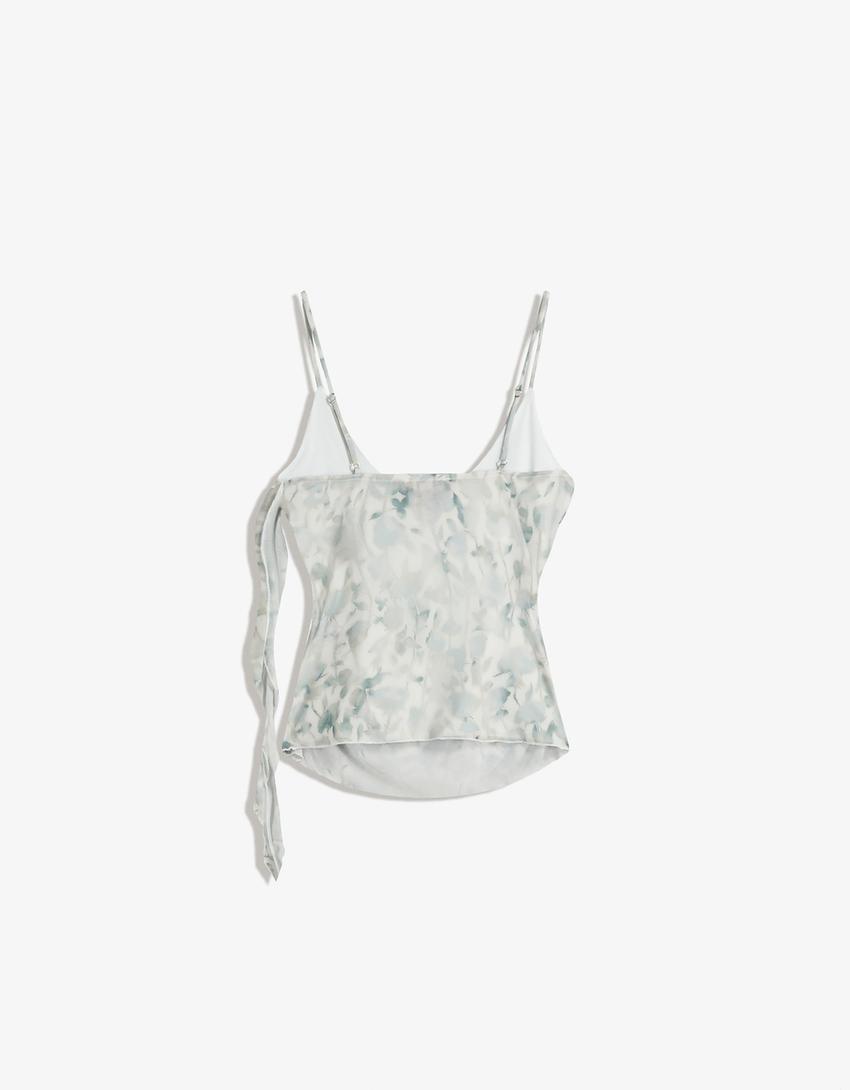Top con volant in tulle stampato-Multicolore