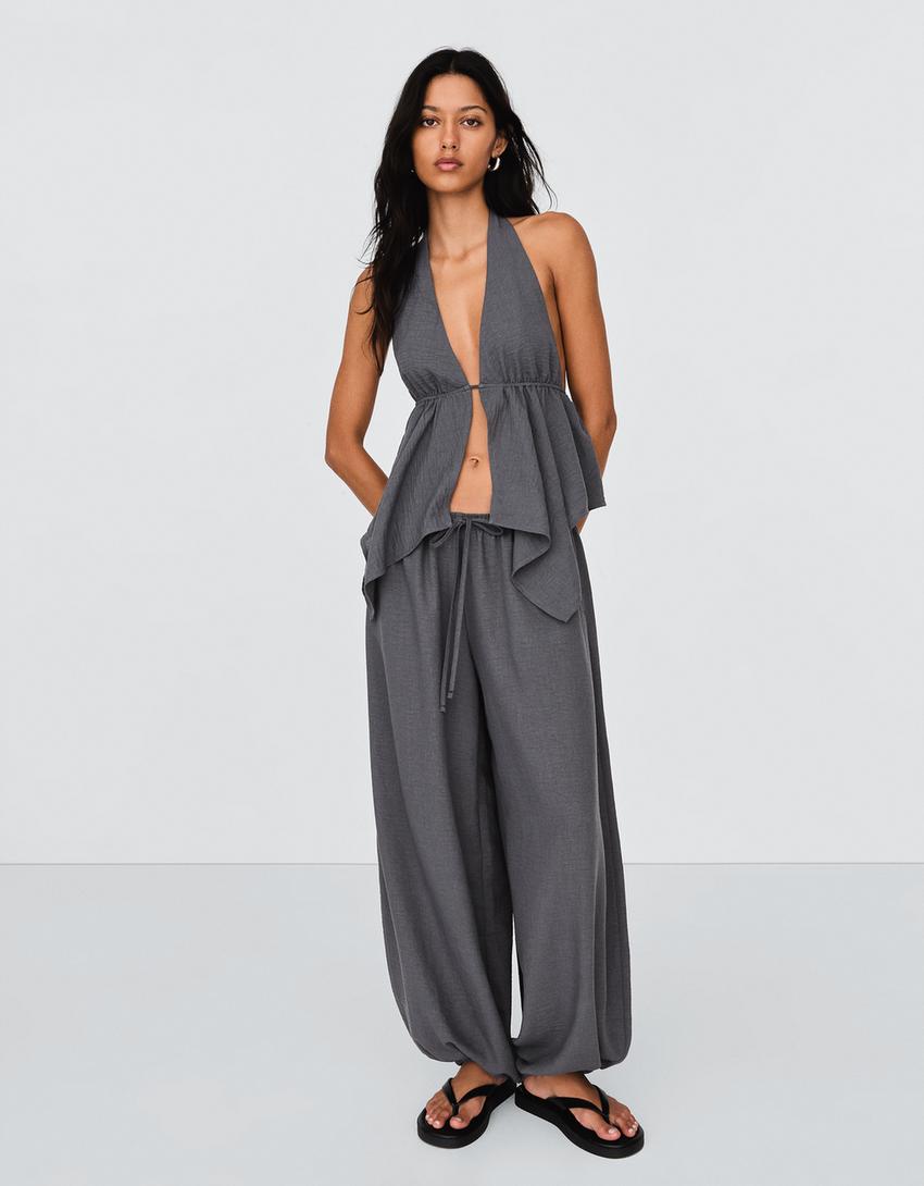 Tied halter top-Dark grey