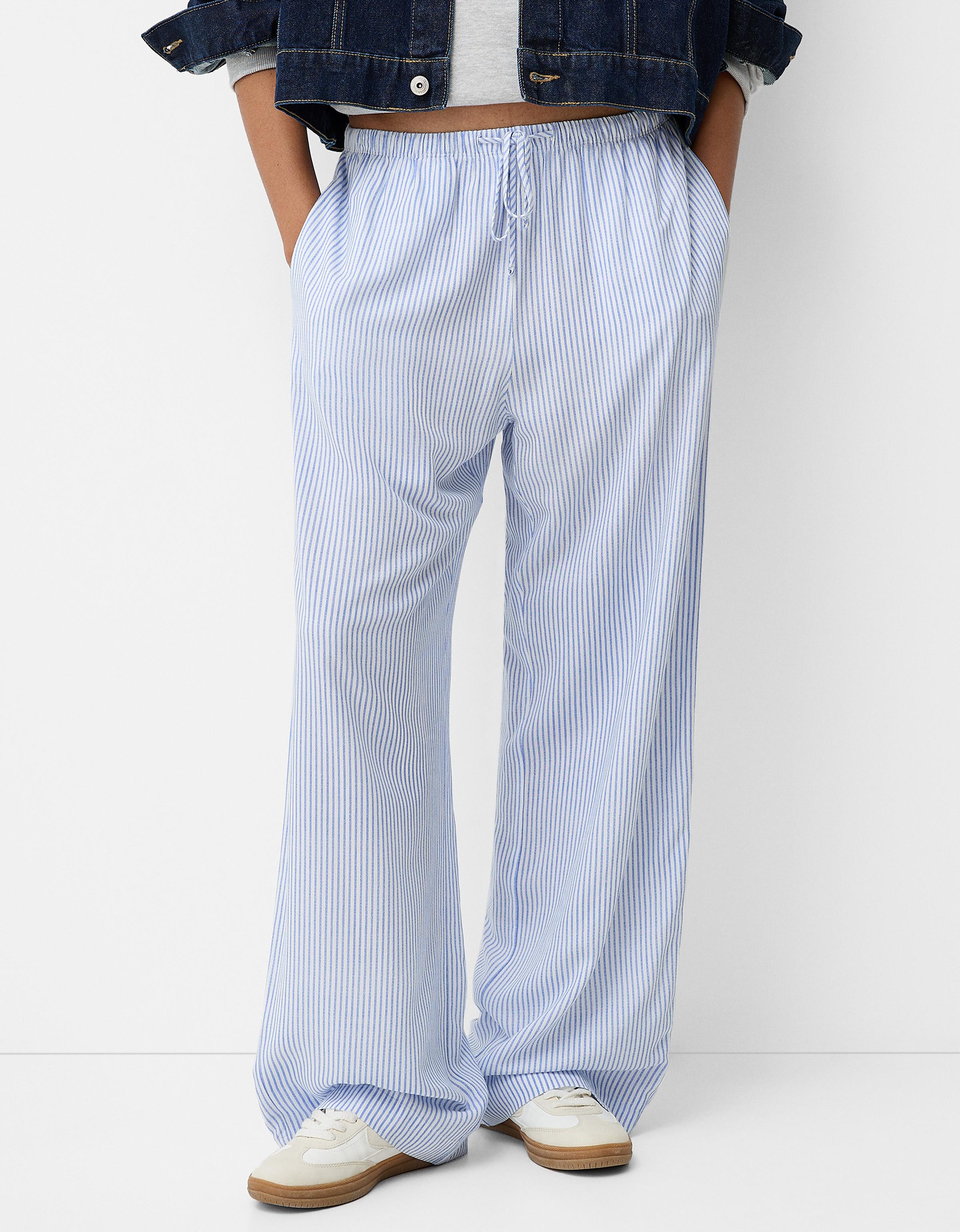 Bershka Straight-Fit Hose Mit Streifen Und Gummizugbund Damen L Hellblau