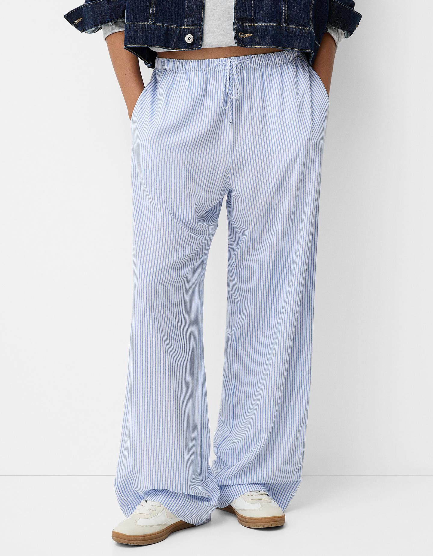 Bershka Pantaloni Straight A Righe Con Vita Elasticizzata Donna M Azzurro Chiaro