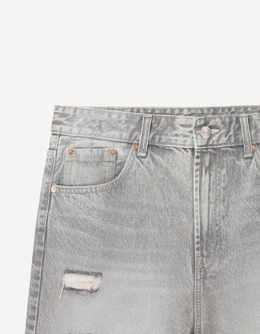 Ripped denim Bermuda shorts-Grey