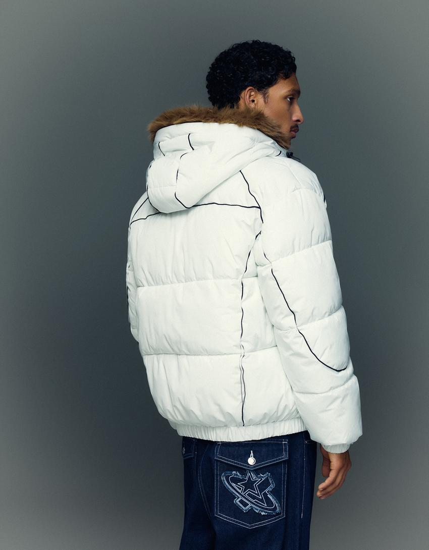 Jakna iz tehnične tkanine s kapuco iz umetnega krzna-Bela