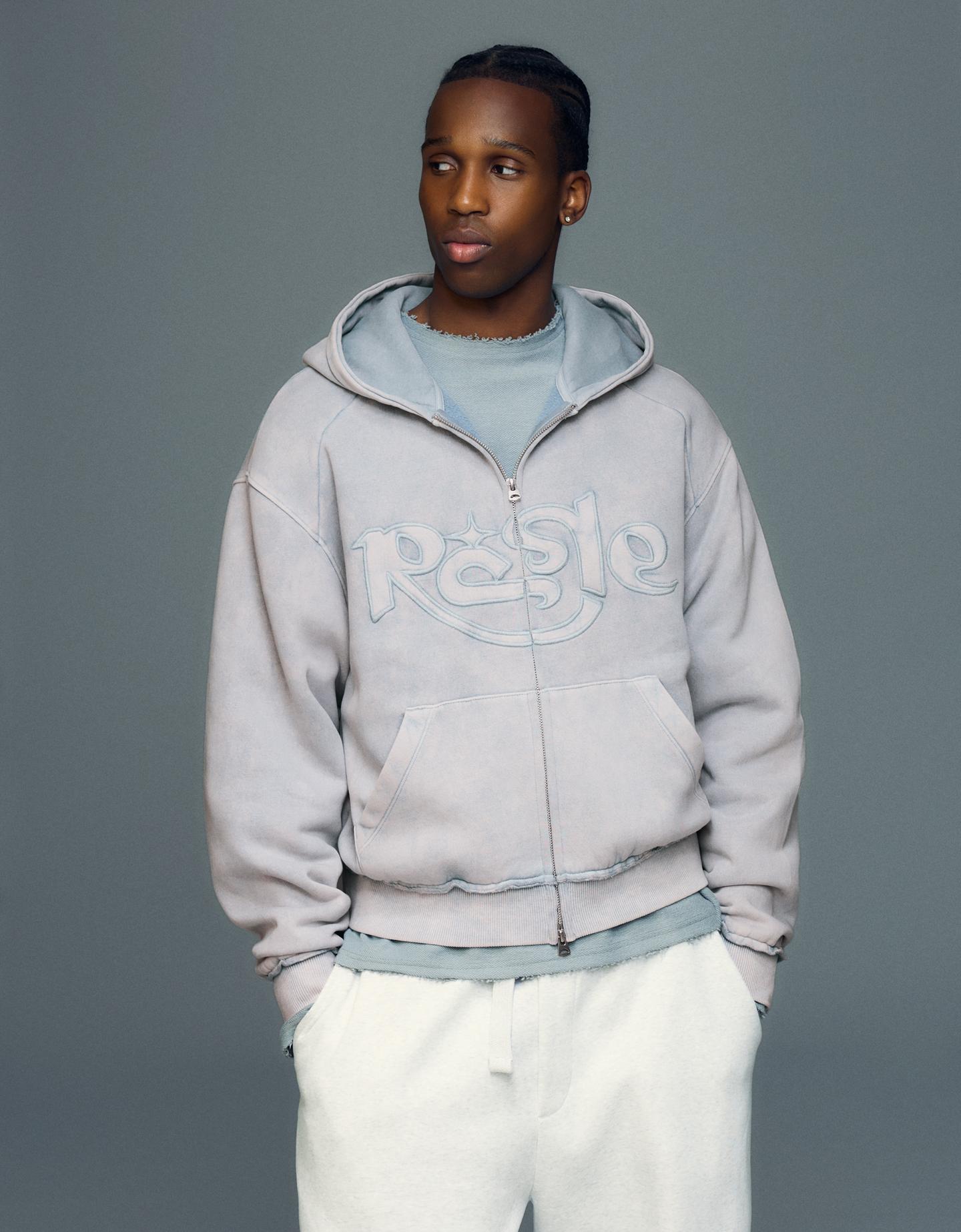 Bershka Felpa Zip Cappuccio Ricamo Uomo M Azzurro Lavato