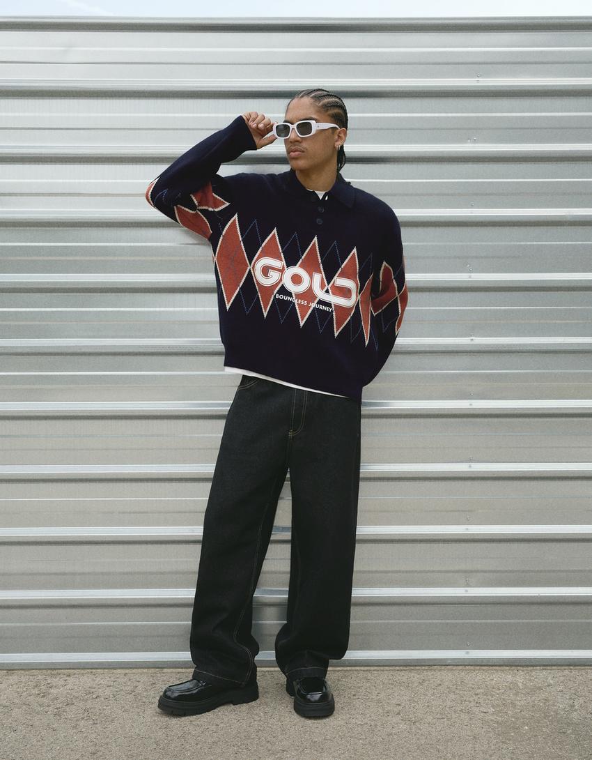 Printed polo collar sweater-Navy