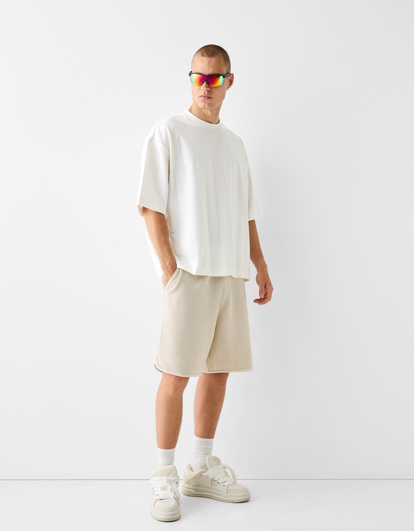 Bershka Shorts Beige Loose Linen Blend Jogger Bermuda Shorts Men