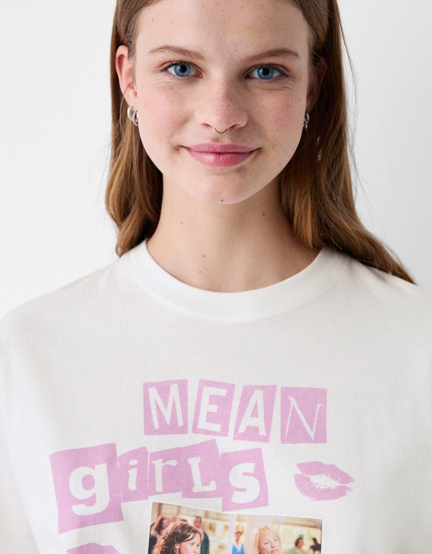 Mean Girls print short sleeve T-shirt-Cream-2