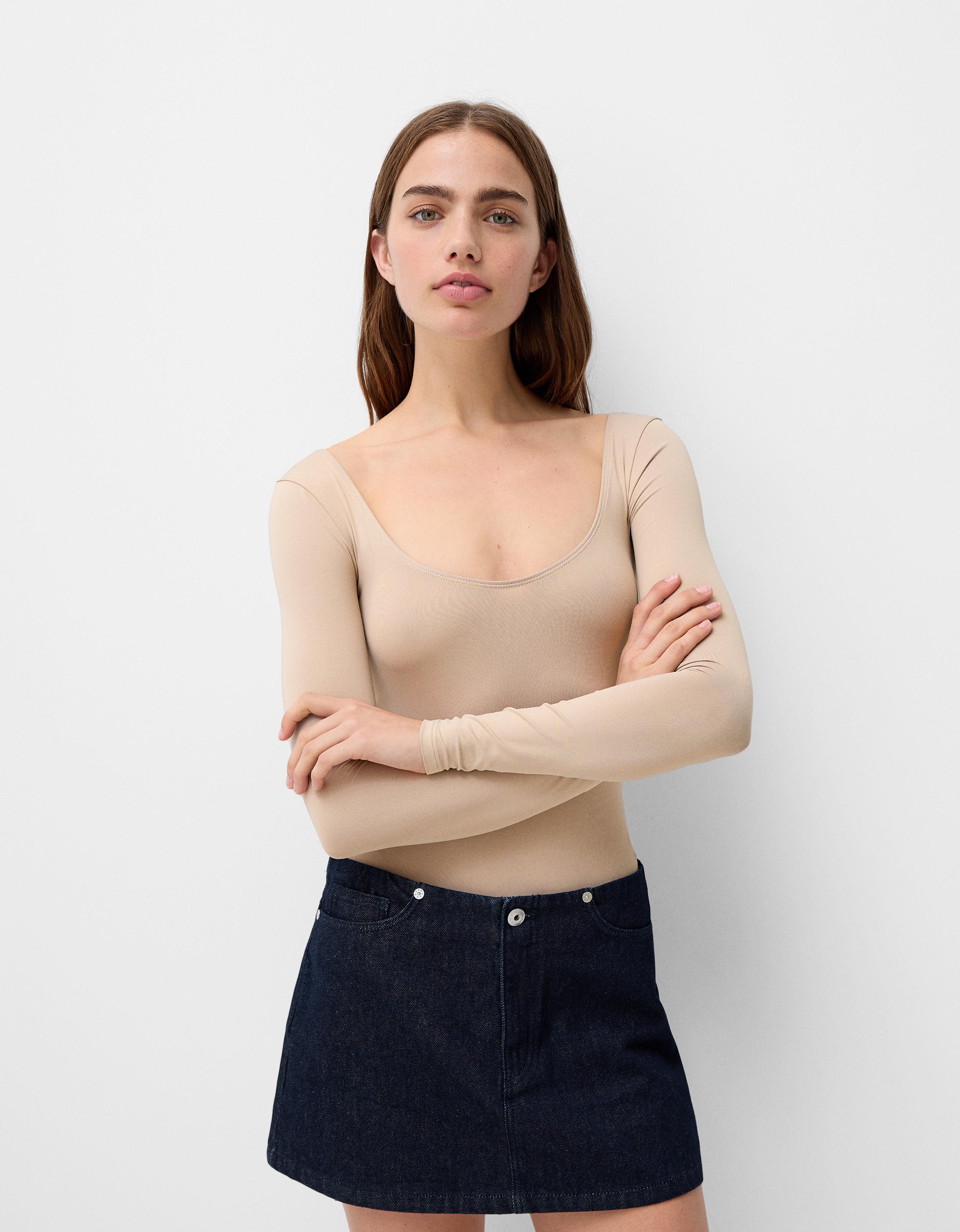 Bershka Langarmbody Damen Xs Beige