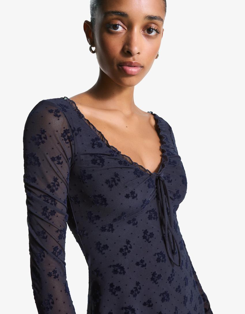 Long sleeve tulle mini dress-Navy