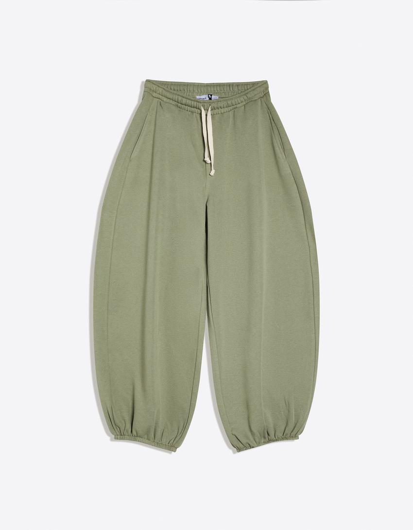 Balloon fit plush trousers-Khaki