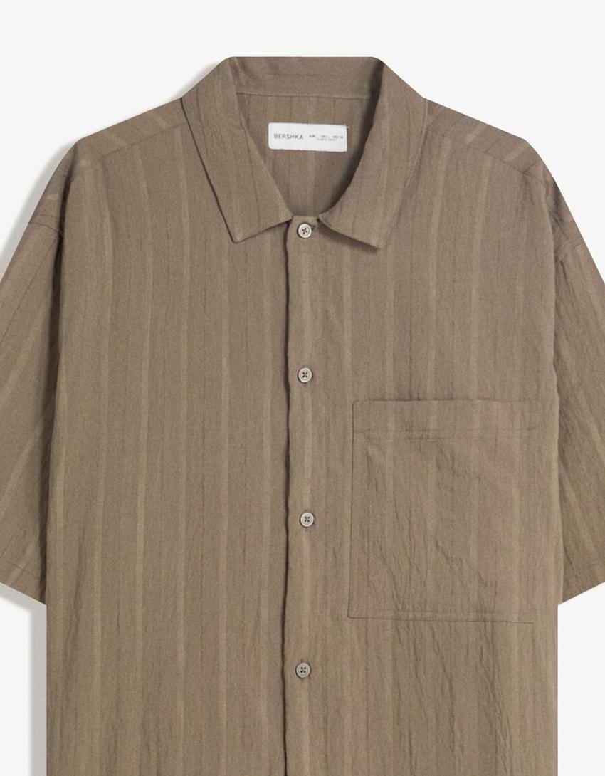 Textured striped short sleeve shirt-Sand