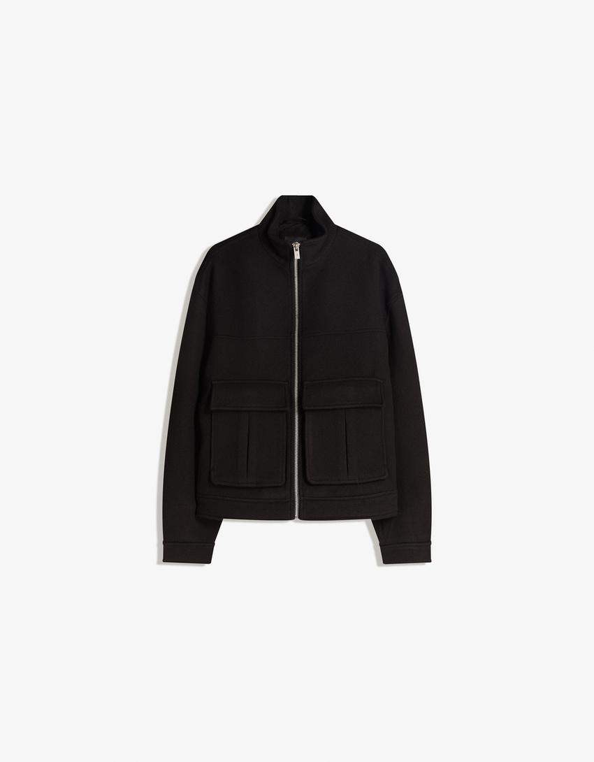 Felt texture jacket with zip-Black