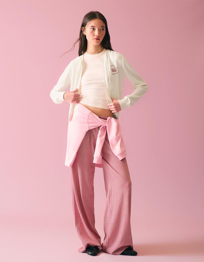 Zip-up print hoodie-Cream