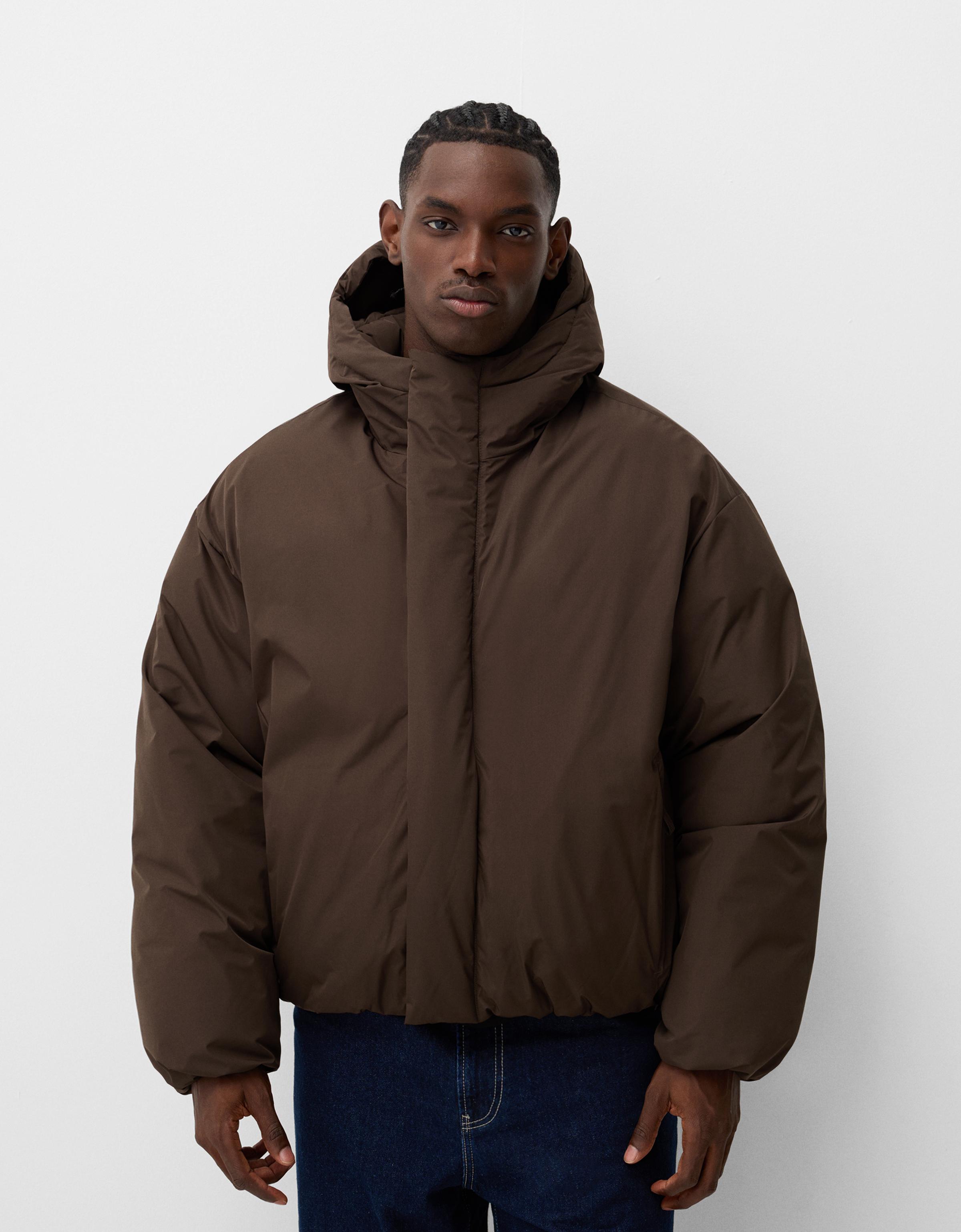 Bershka Gesteppte Cropped-Pufferjacke Mit Kapuze Herren M Braun