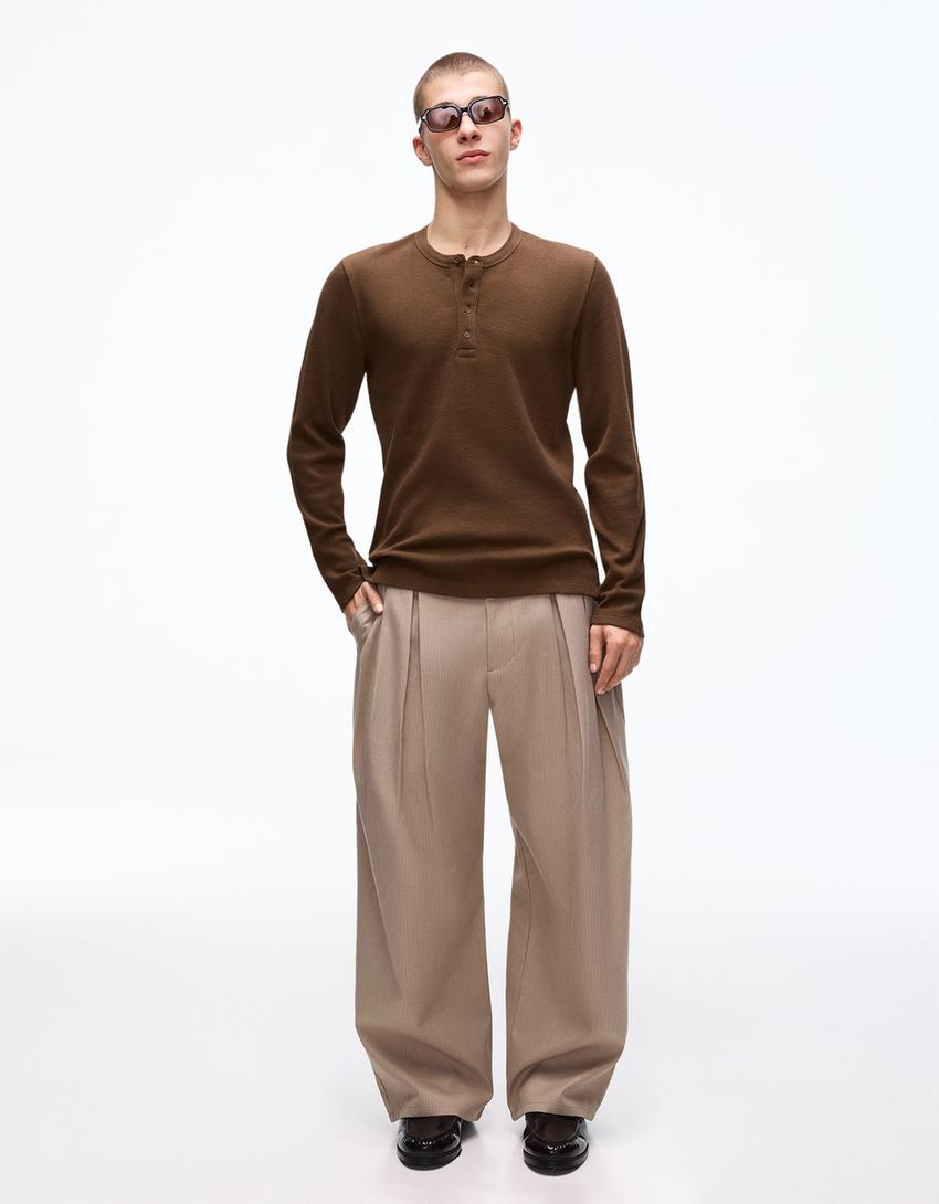 Uzun kollu henley slim fit tişört-Kahverengi