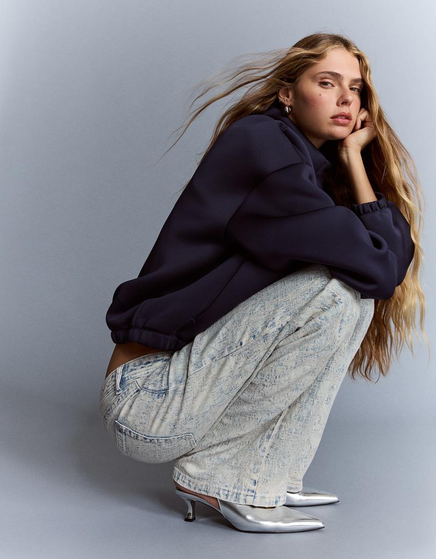 Jacquard baggy jeans met lage taille-Gewassen blauw-2
