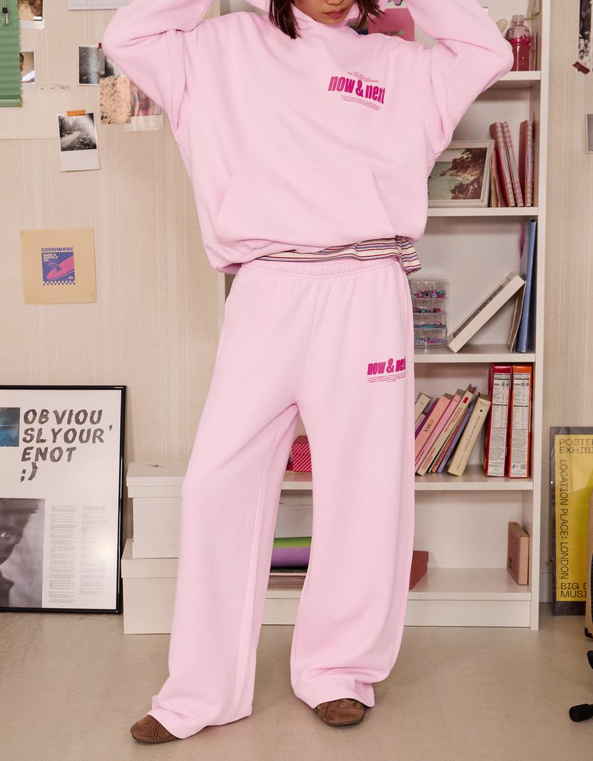 Pantalón felpa wide leg print-Rosa