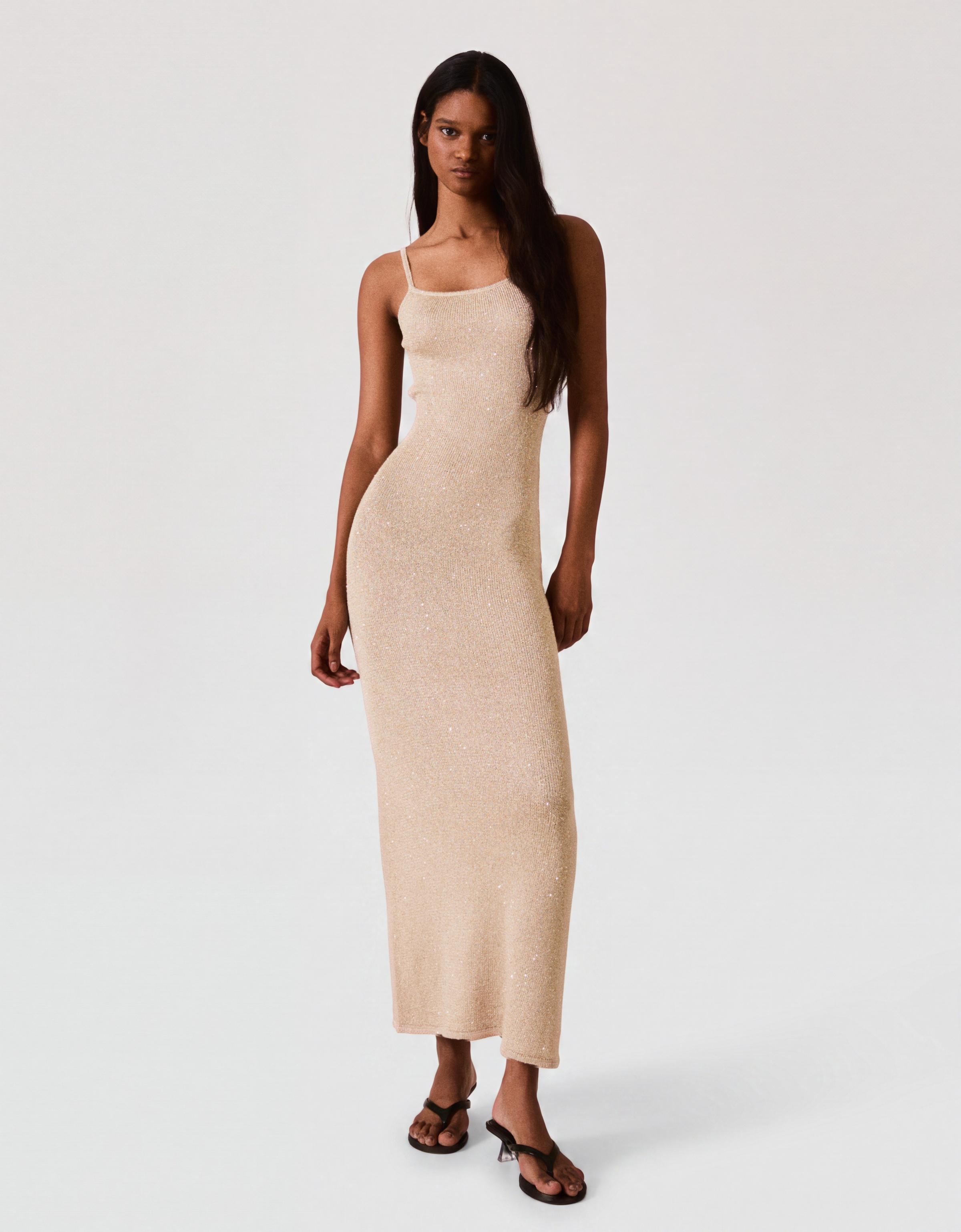 Sequin midi dress with straps — Gold