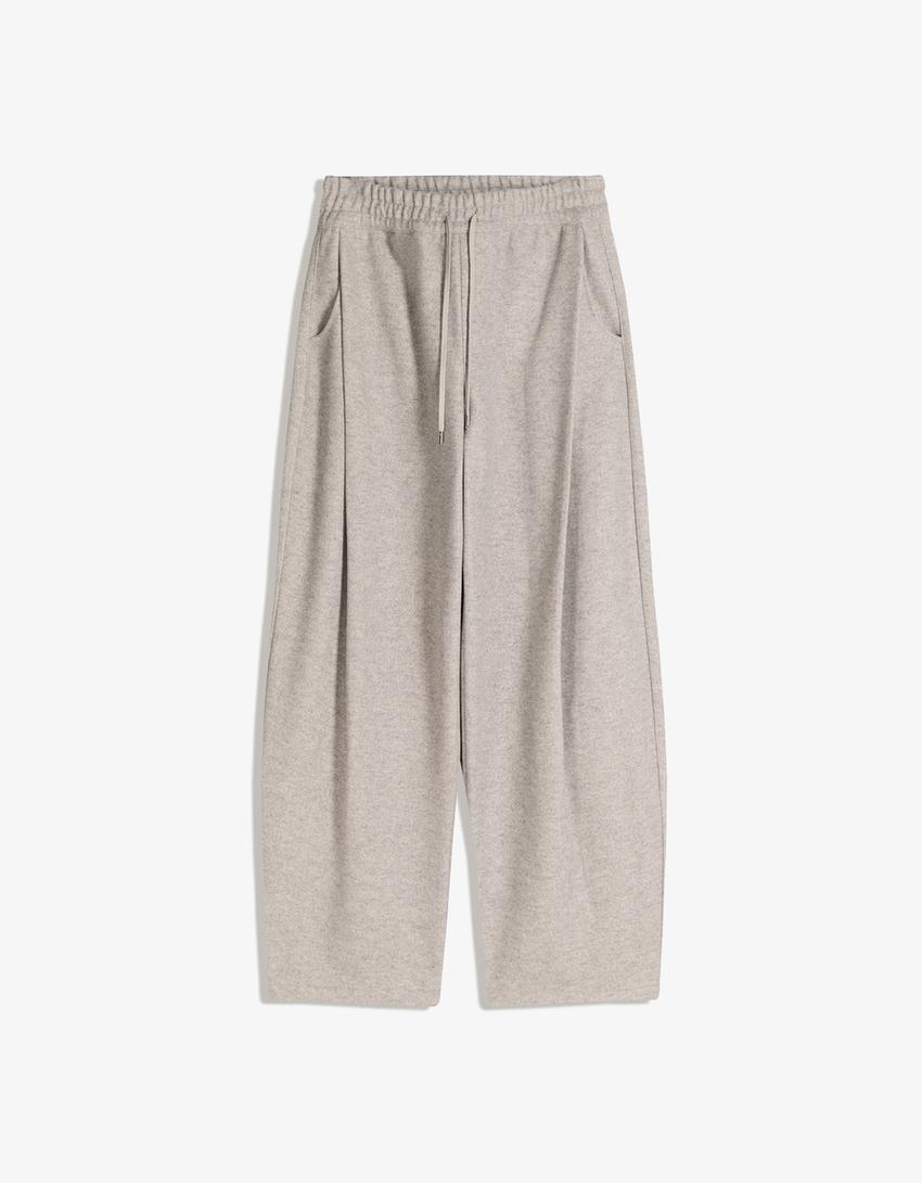 Balloon fit broek van synthetische wol met bandplooien-Grijs