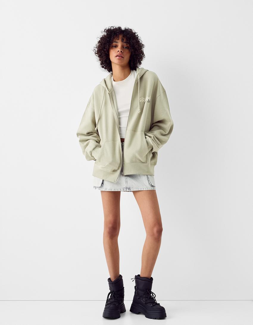 Sweat zippé capuche oversize imprimé-Kaki-3