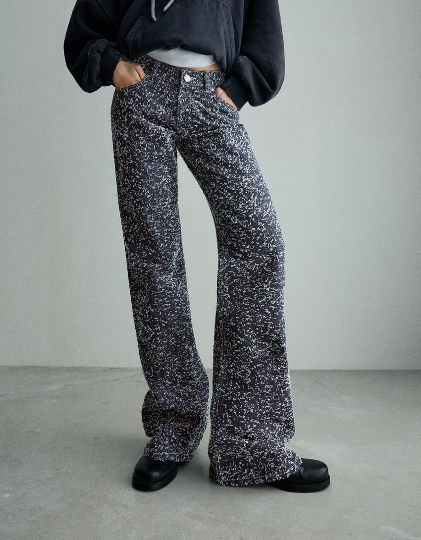 Jeans baggy flare com textura-Marinho
