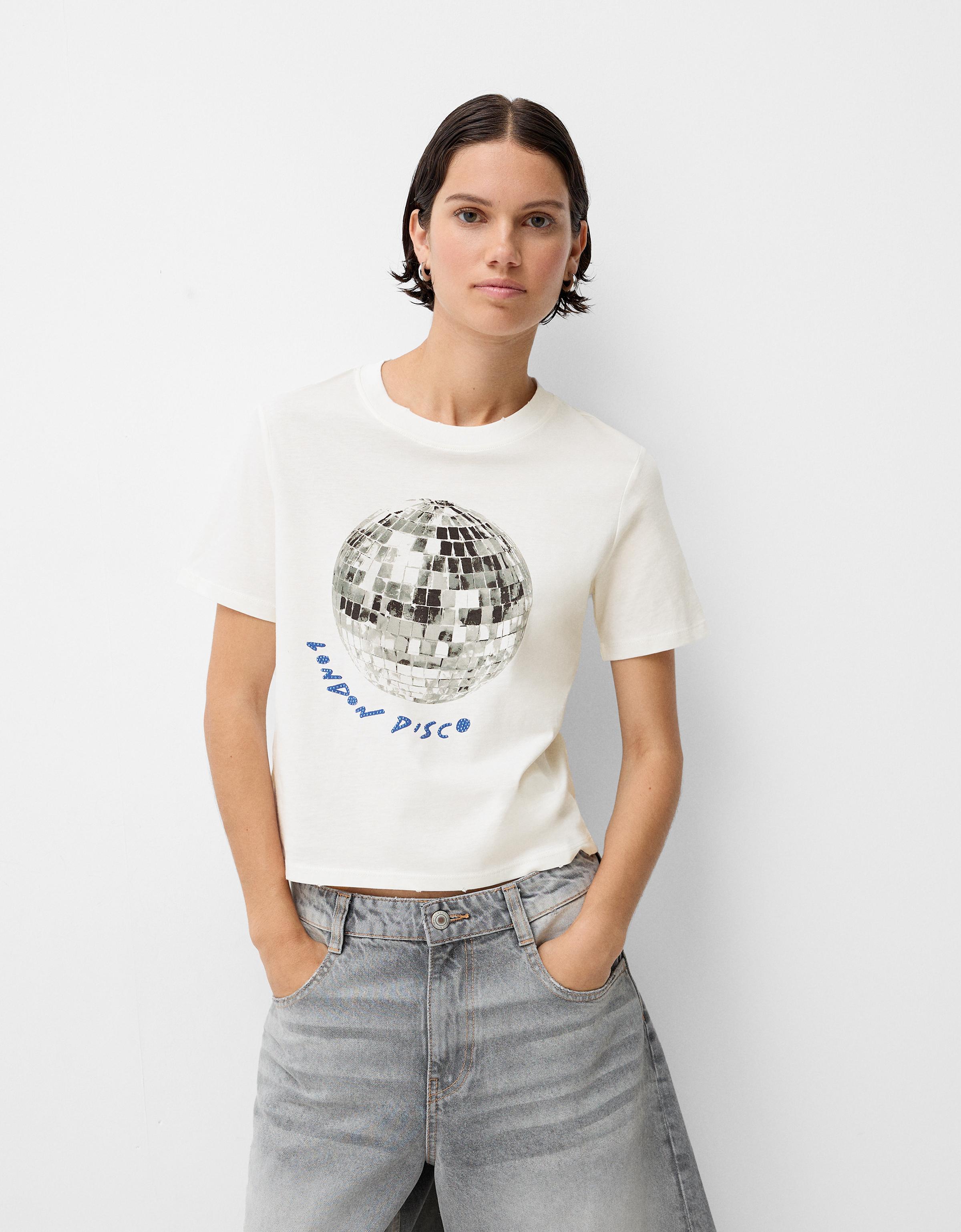 Bershka T-Shirt Mit Print Damen M Grbrochenes Weiss