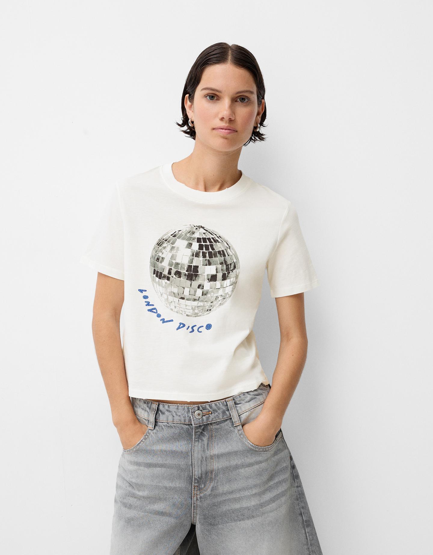 Bershka Maglietta Maniche Corte Stampa Donna L Bianco Roto