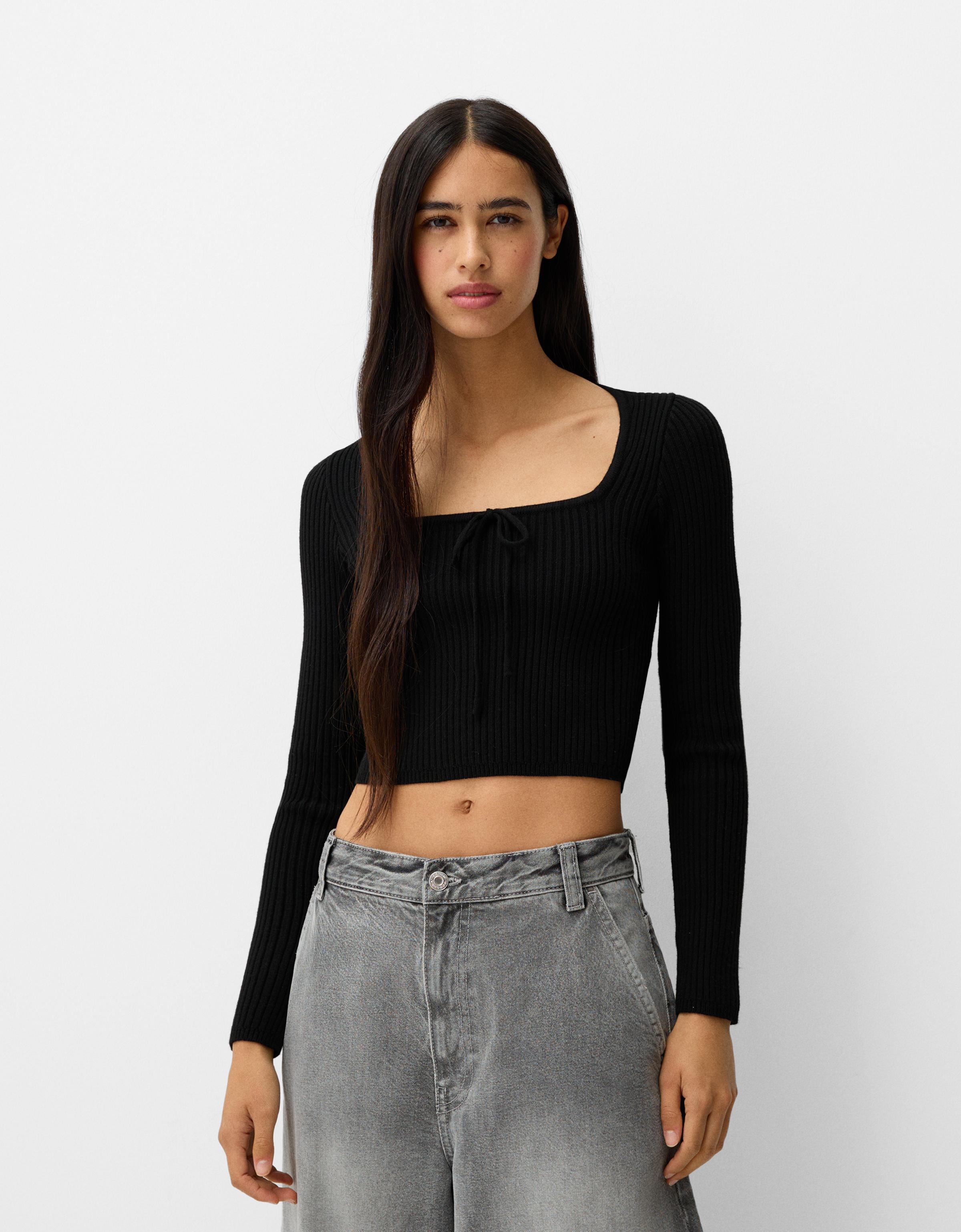 Bershka Pullover Mit Kastenausschnitt Und Schleife Damen L Schwarz