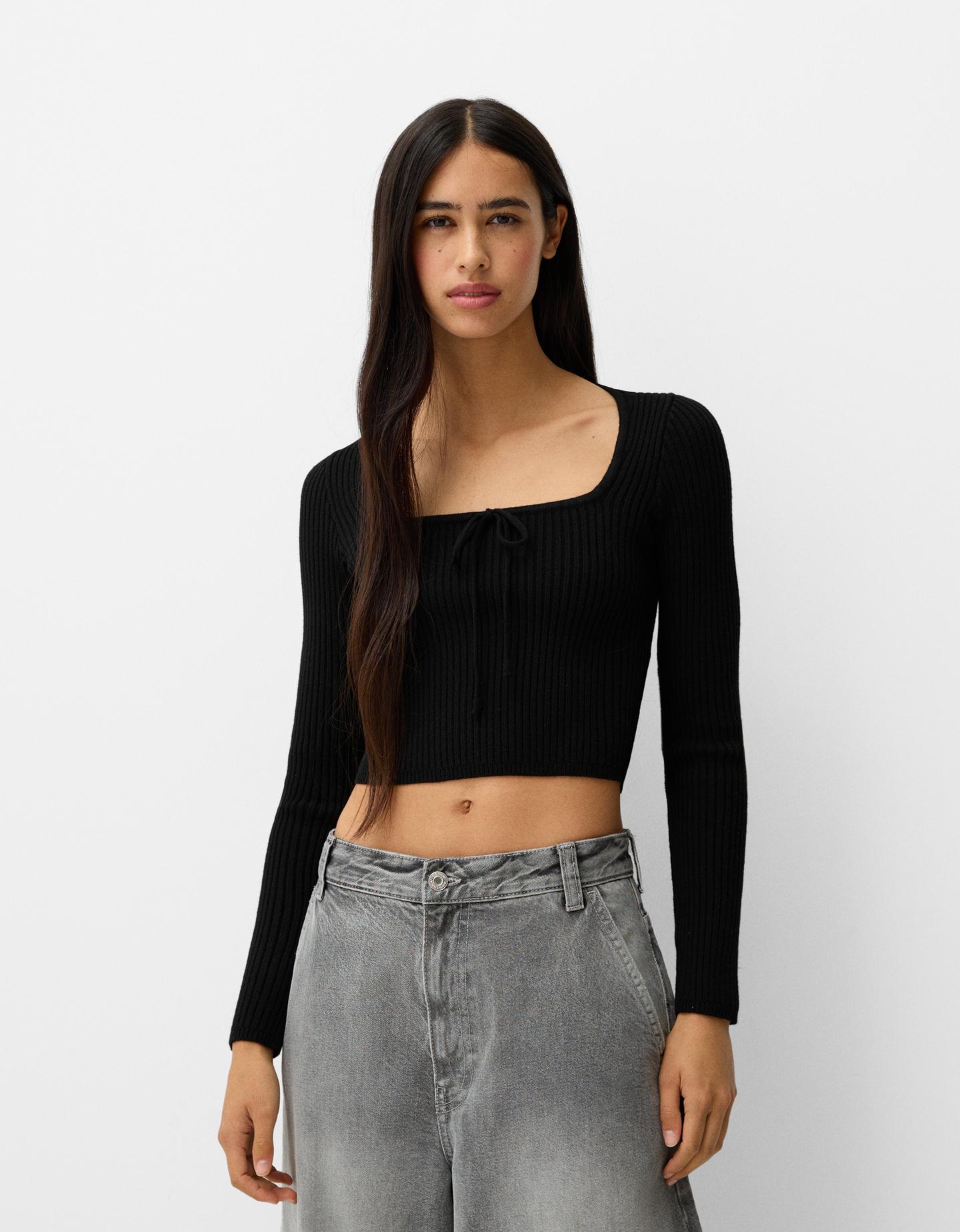 Bershka Pullover Mit Kastenausschnitt Und Schleife Damen M Schwarz günstig online kaufen