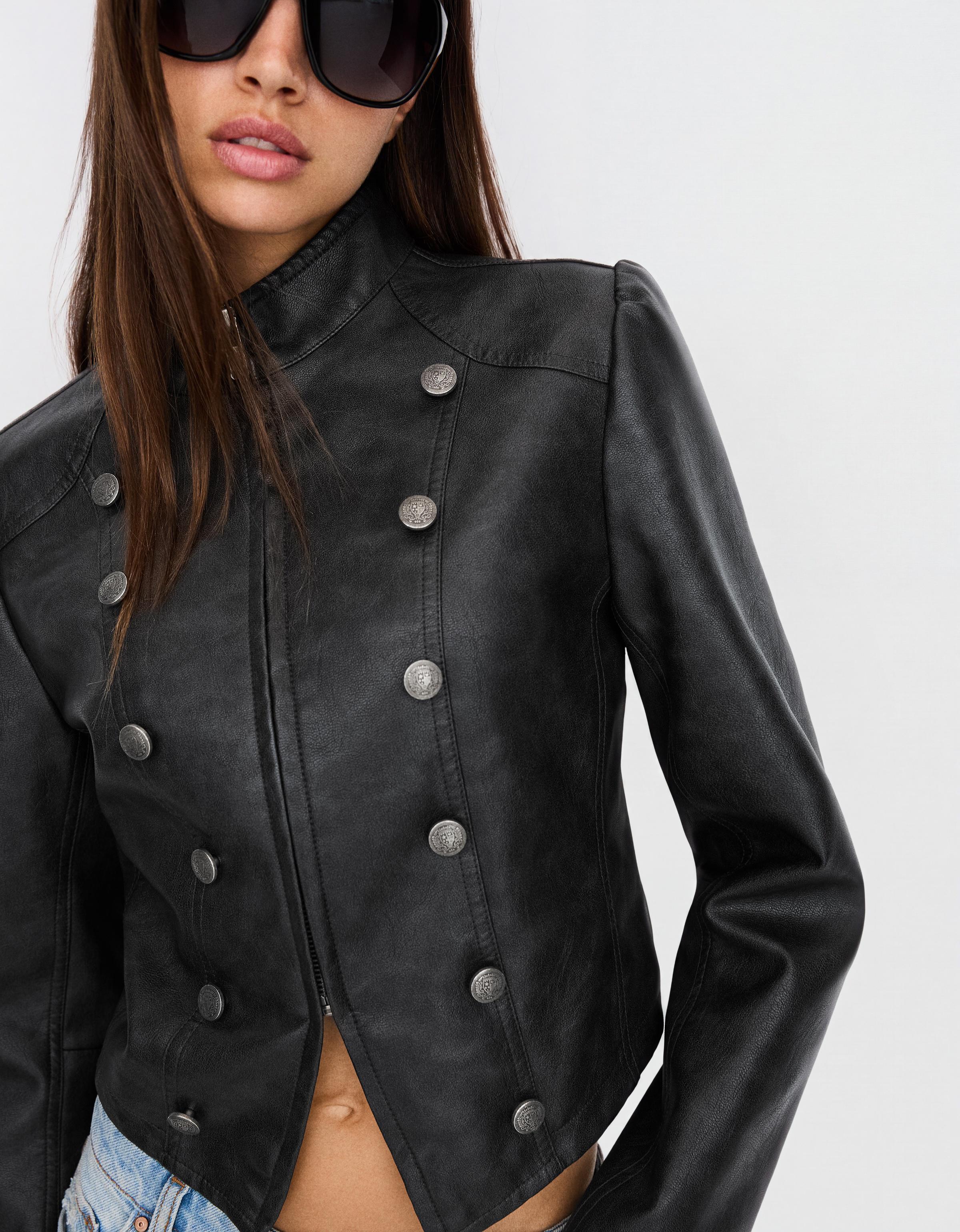 Buttoned leather effect jacket — Dark grey