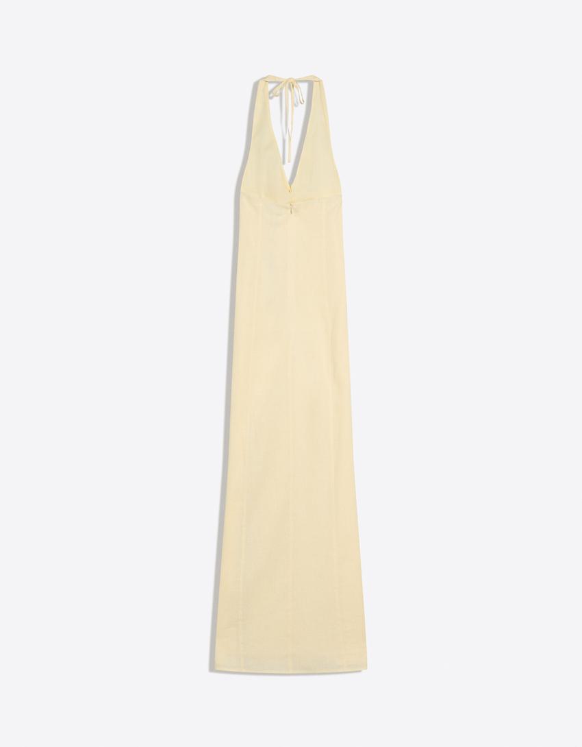 Halter midi dress with linen-Yellow
