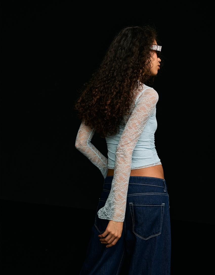 Krajkové tričko s dlouhým rukávem-Modrá