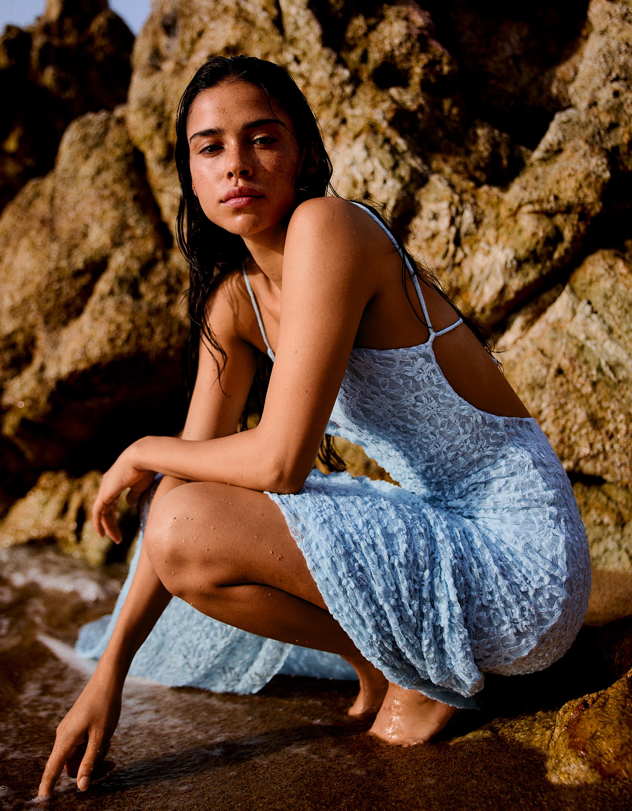 Printed midi dress with straps — Light blue